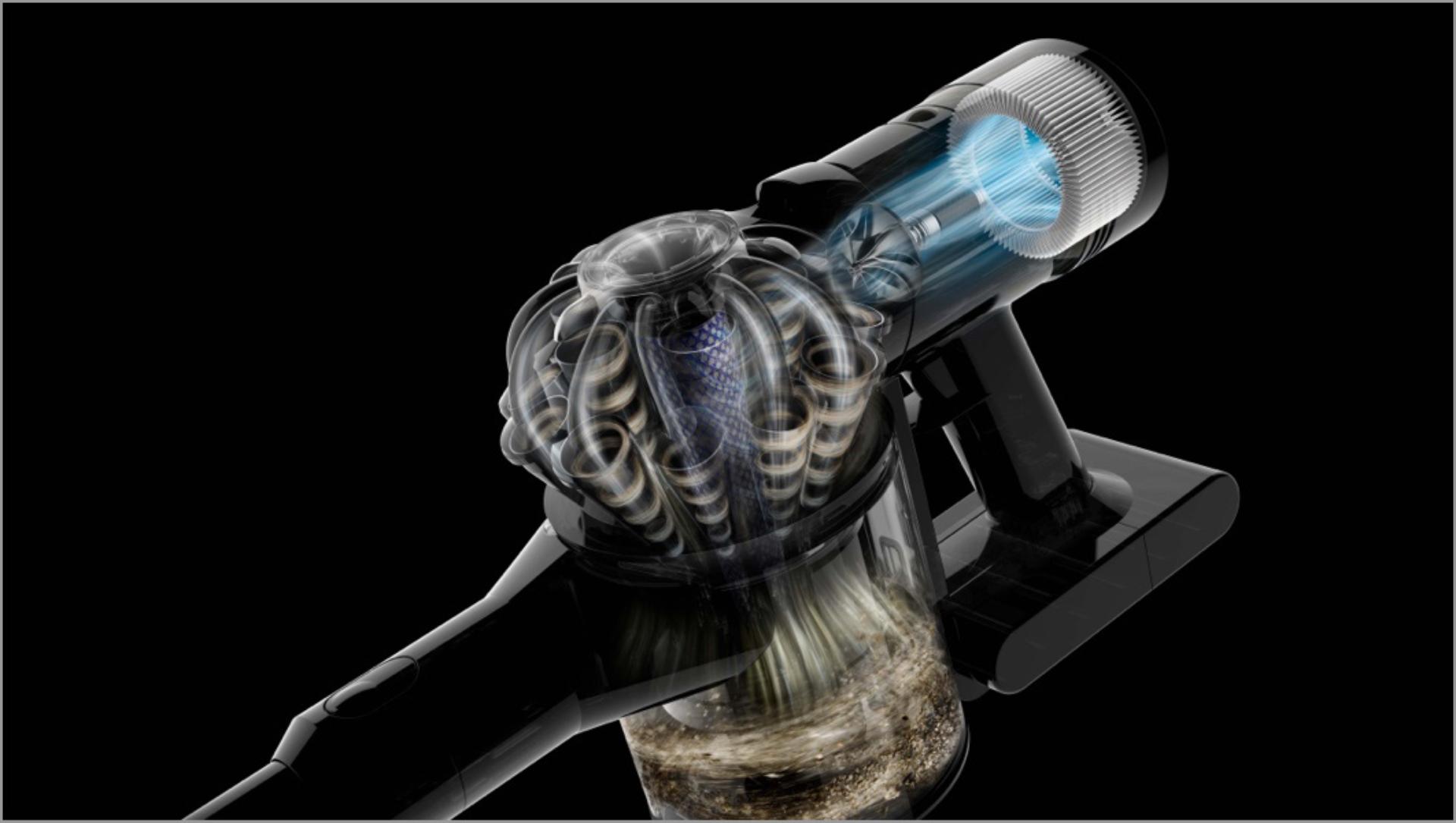 Cutaway of the filtration system of the Dyson V8 vacuum cleaner