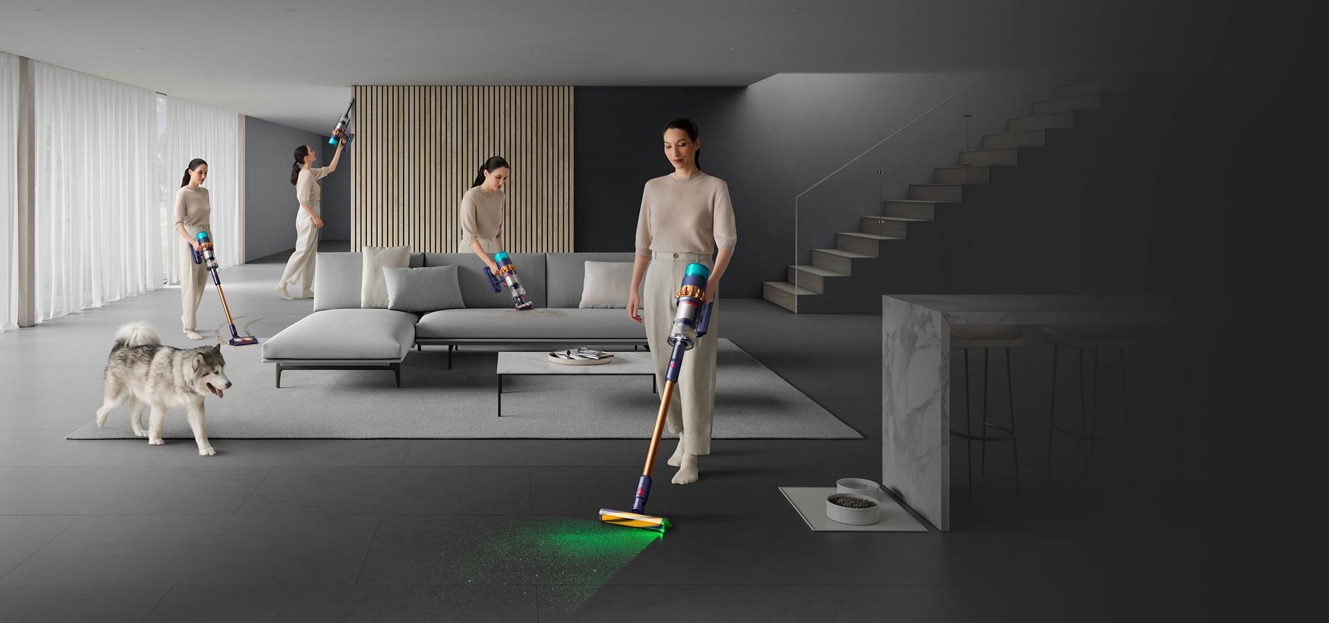 سيدة تُنظِّف شتى أرجاء الغرفة: الأماكن العلوية والأريكة والسجّاد والأرضية الصلبة.