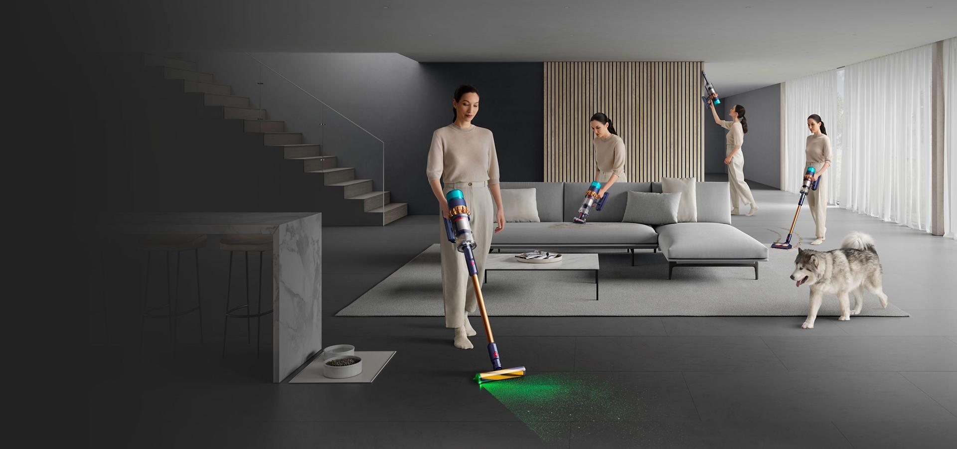 Woman cleaning all around room, up high, on sofa, carpet and hard floor.