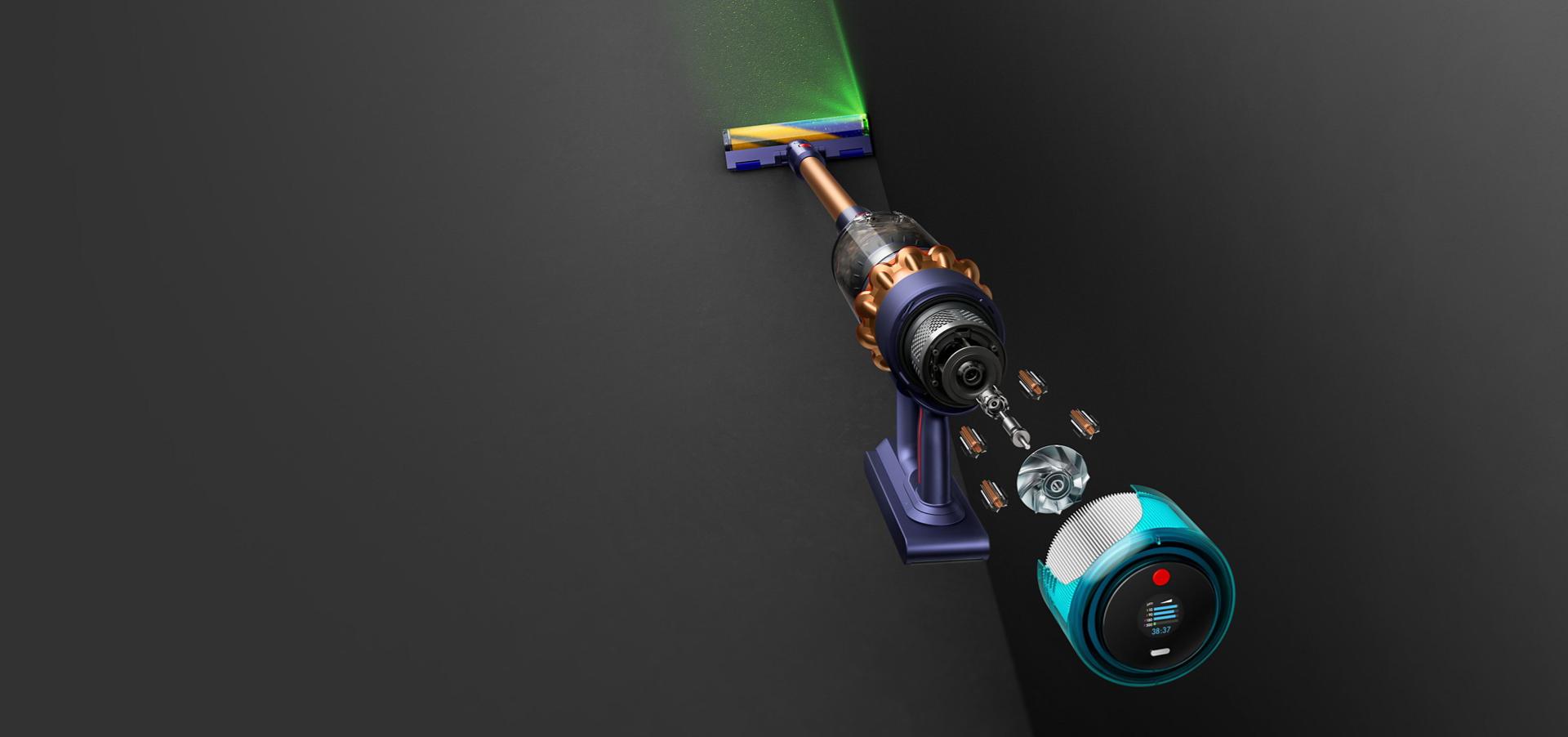 „Dyson Gen5detect“ vaizdas iš viršaus; iš valymo šepečio sklinda žalia šviesa.