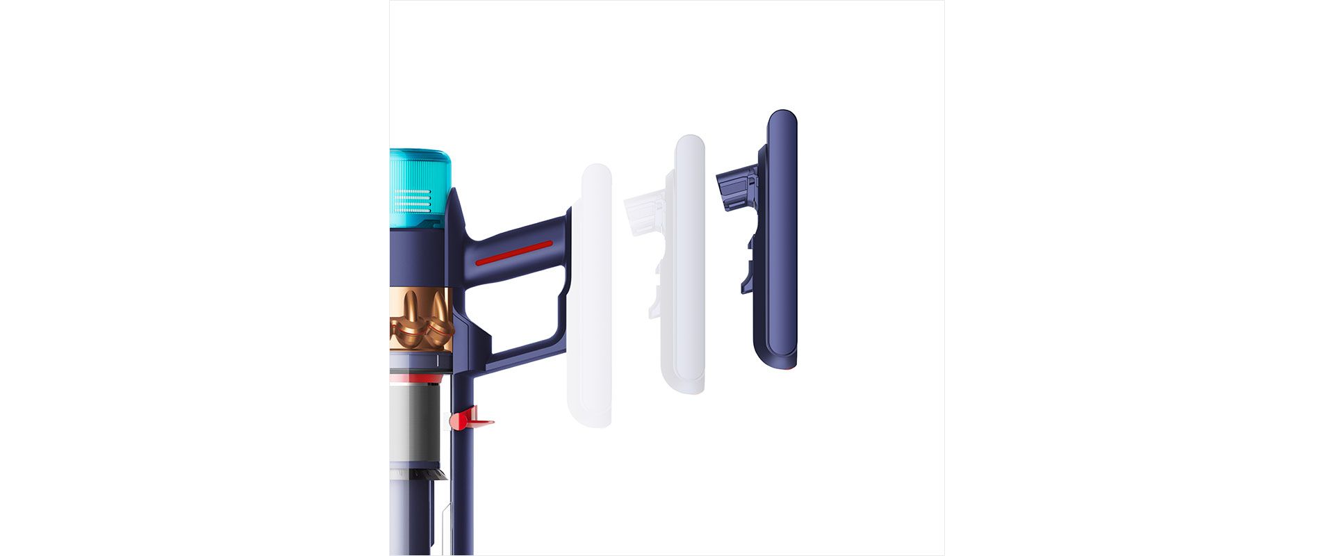 Dyson swappable battery clicking into the machine handle.