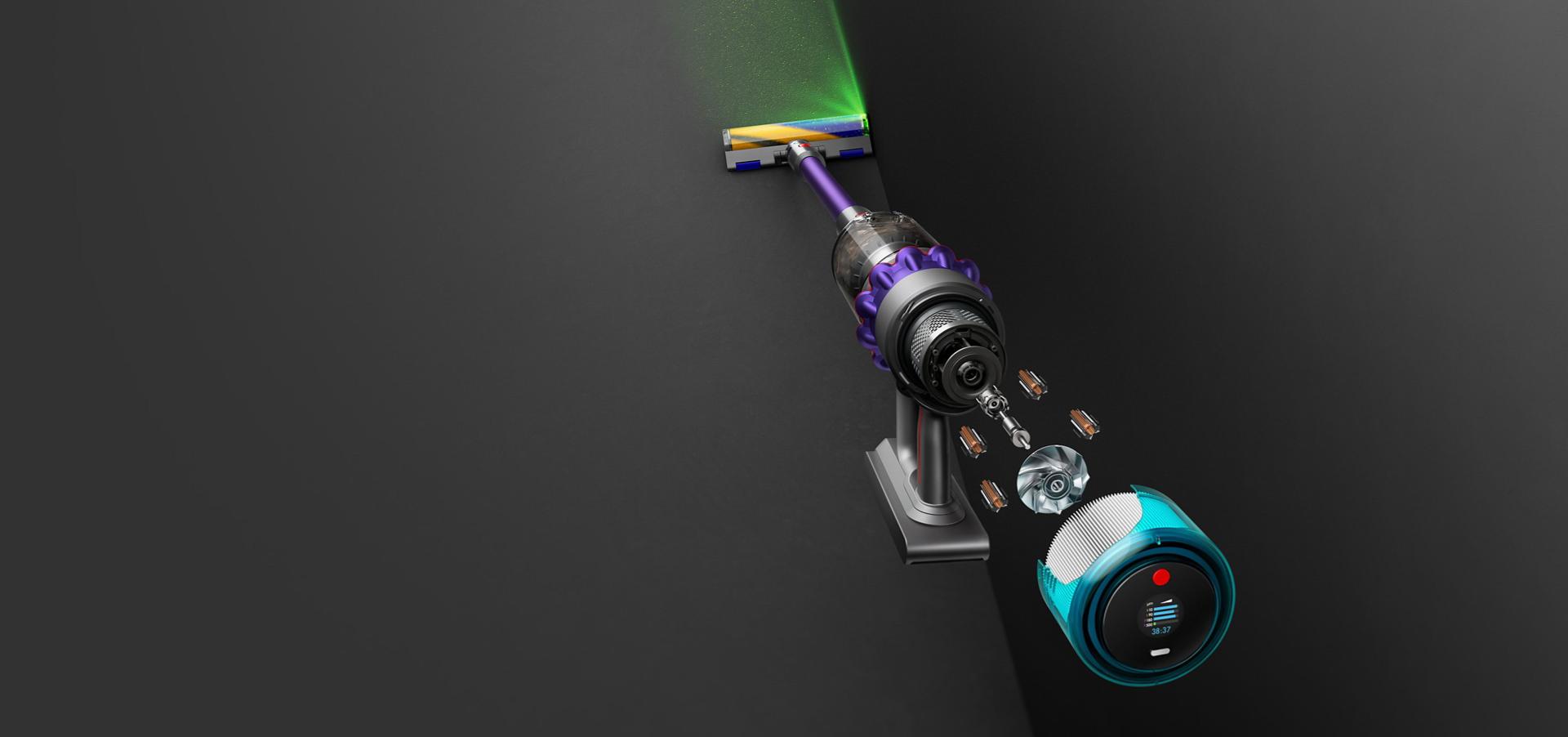 „Dyson Gen5detect“ vaizdas iš viršaus; iš valymo šepečio sklinda žalia šviesa.