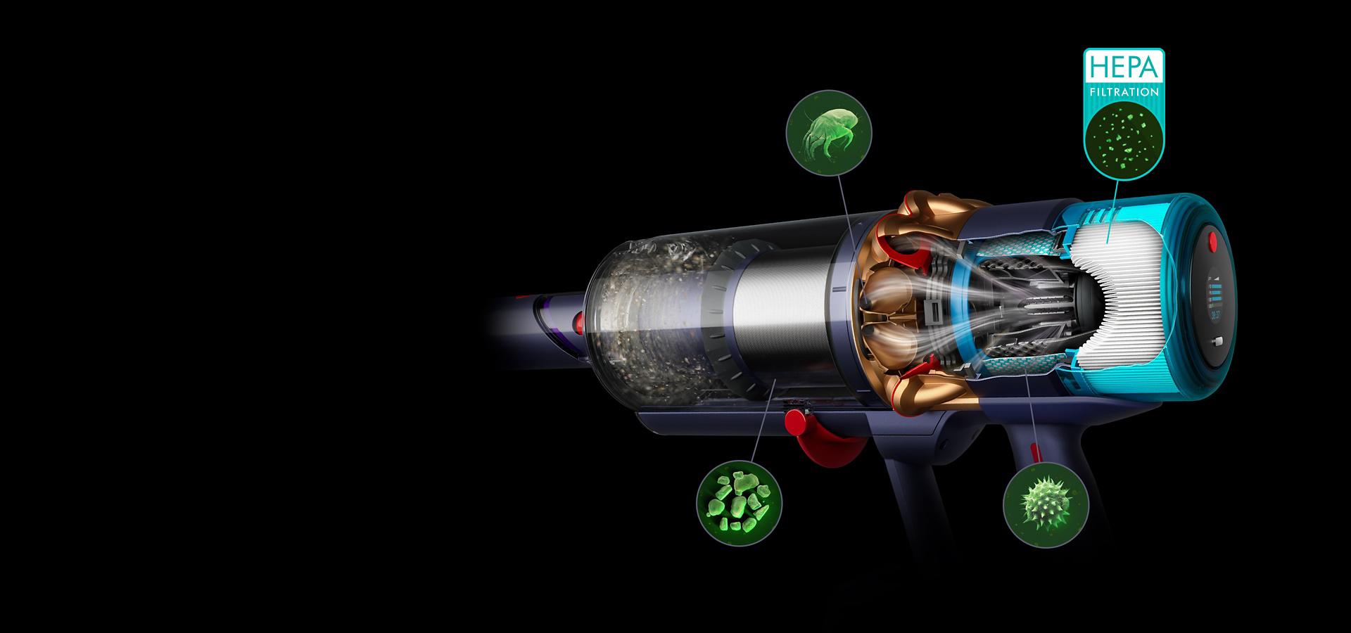 Dyson's fully-sealed filtration system, and magnified images of pollen, hair and dust mites.