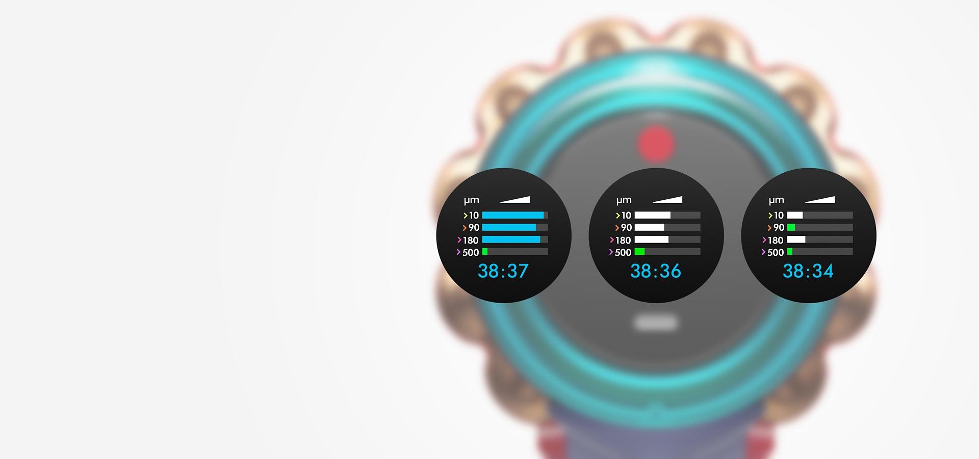 Multiple screens showing amounts of particles captured.