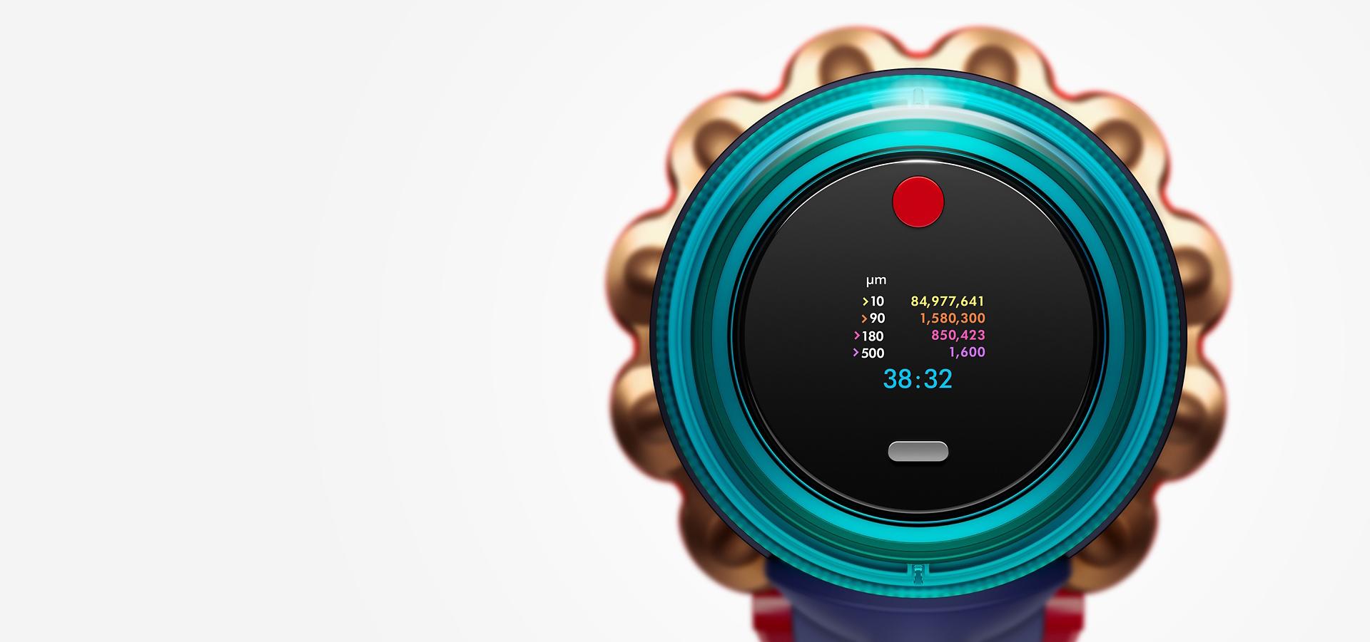 Close up of the LED screen showing sizes and quantities of particles removed during cleaning.
