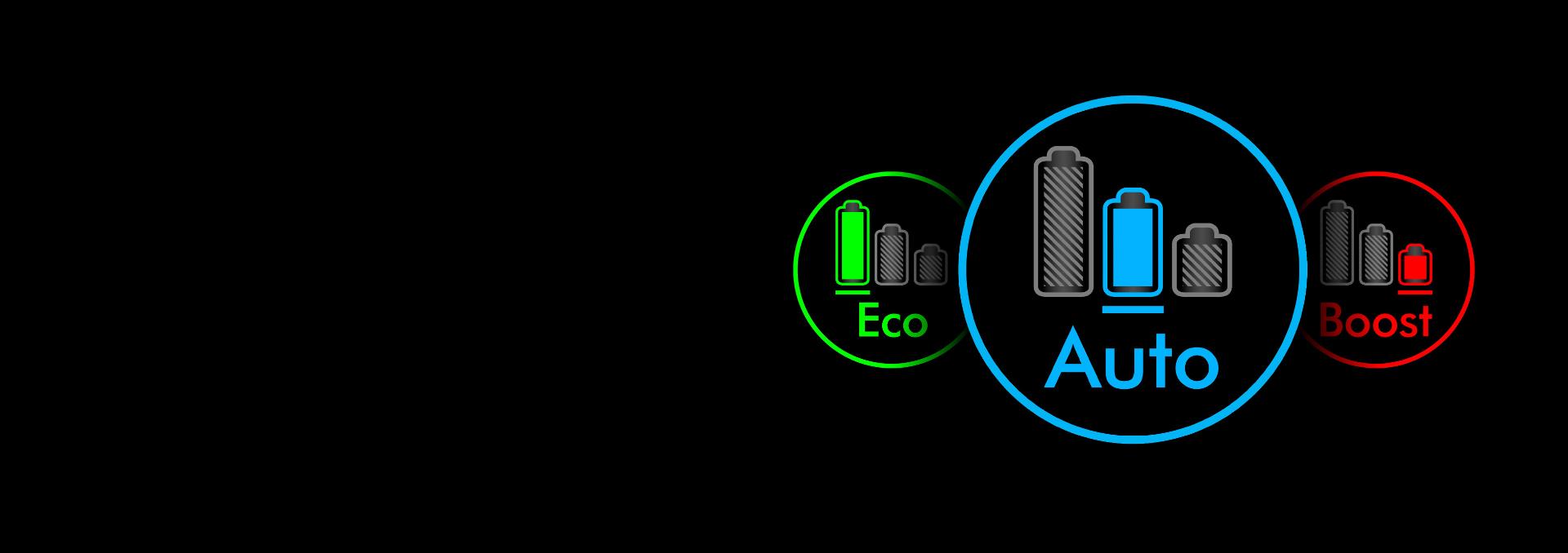 Green, blue and red power mode icons.