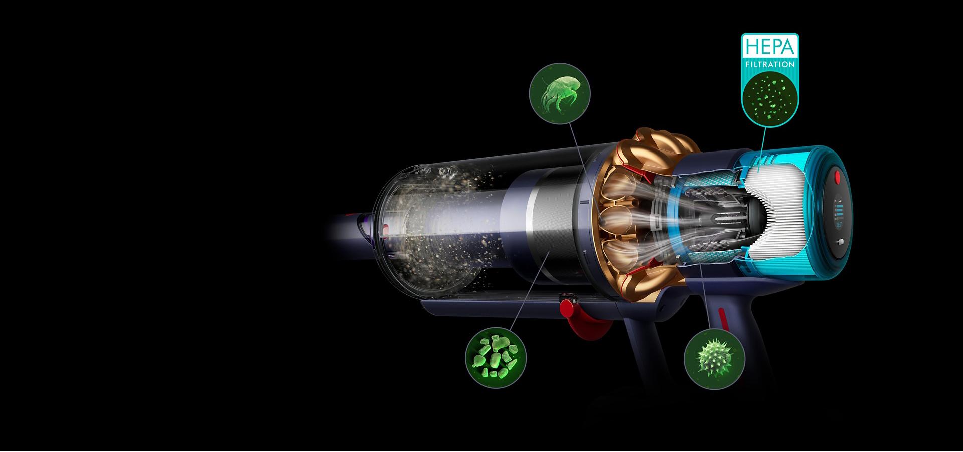 Close-up of the filtration system on the Dyson Gen5detect vacuum with pictures of microscopic debris.