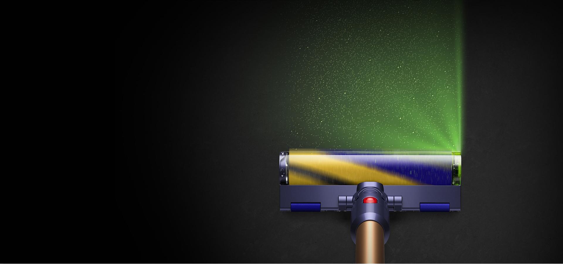 Haz de luz verde emitido desde el cabezal de limpieza Fluffy Optic