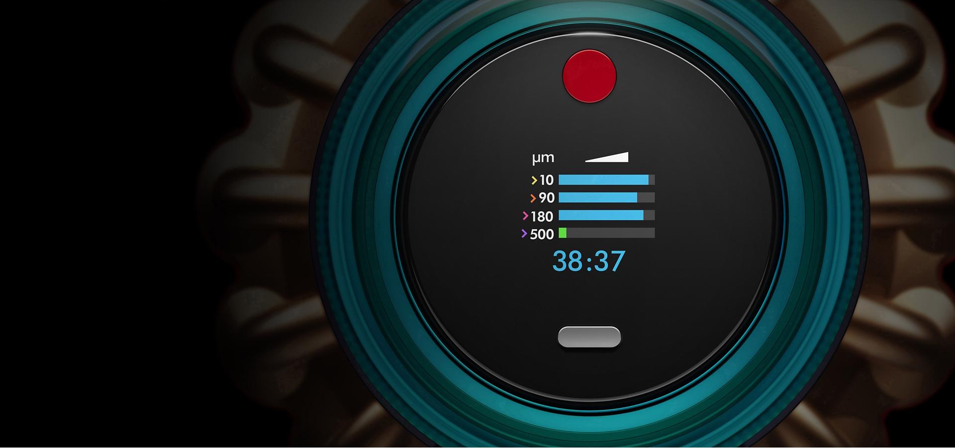 Close up of the user interface showing particle graph and run time.
