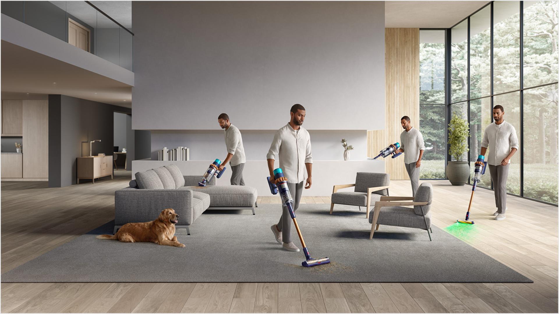 Un hombre aspira su hogar con la Dyson Gen5outsize usando el cabezal de limpieza Motorbar y la herramienta integrada para sacudir el polvo y para limpieza de rincones y esquinas.