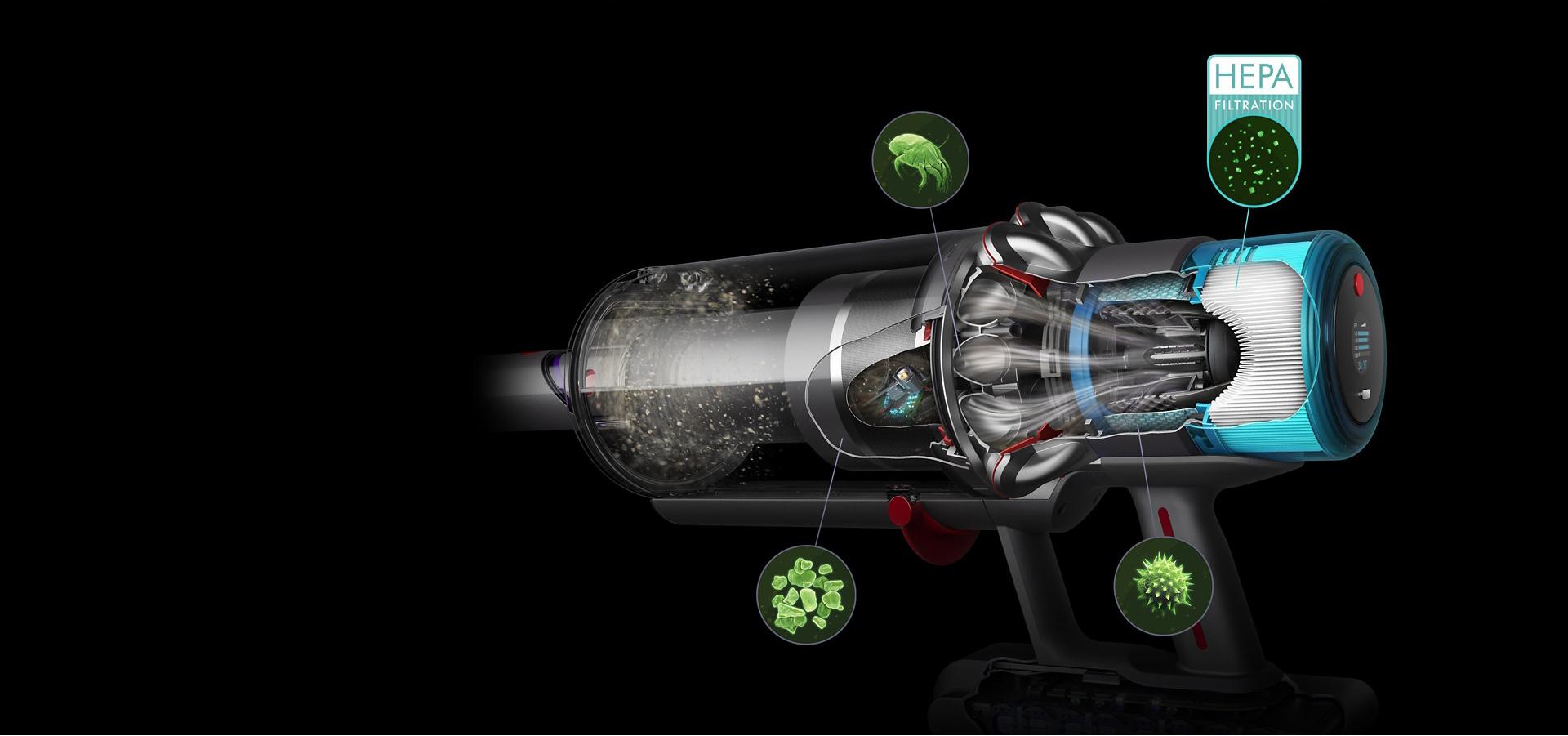 Cutaway revealing the filter inside Dyson's HEPA filtration system.