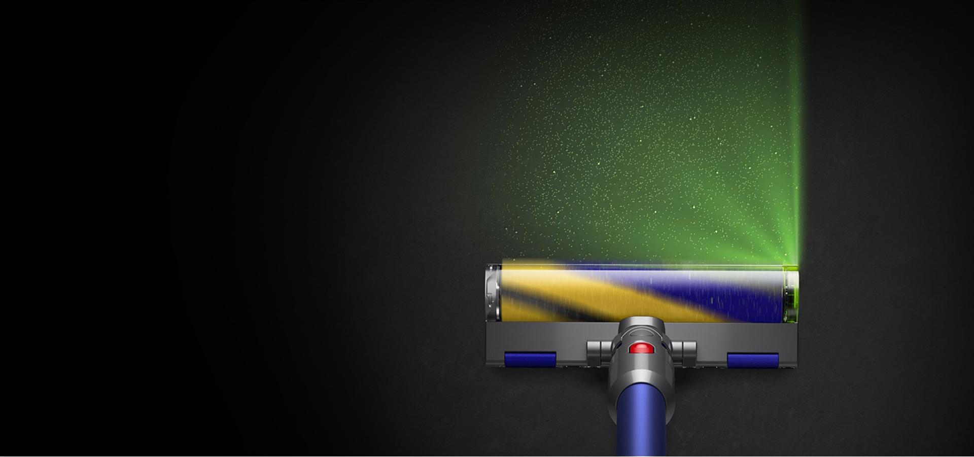 Green blade of light emitting from the Fluffy Optic cleaner head.