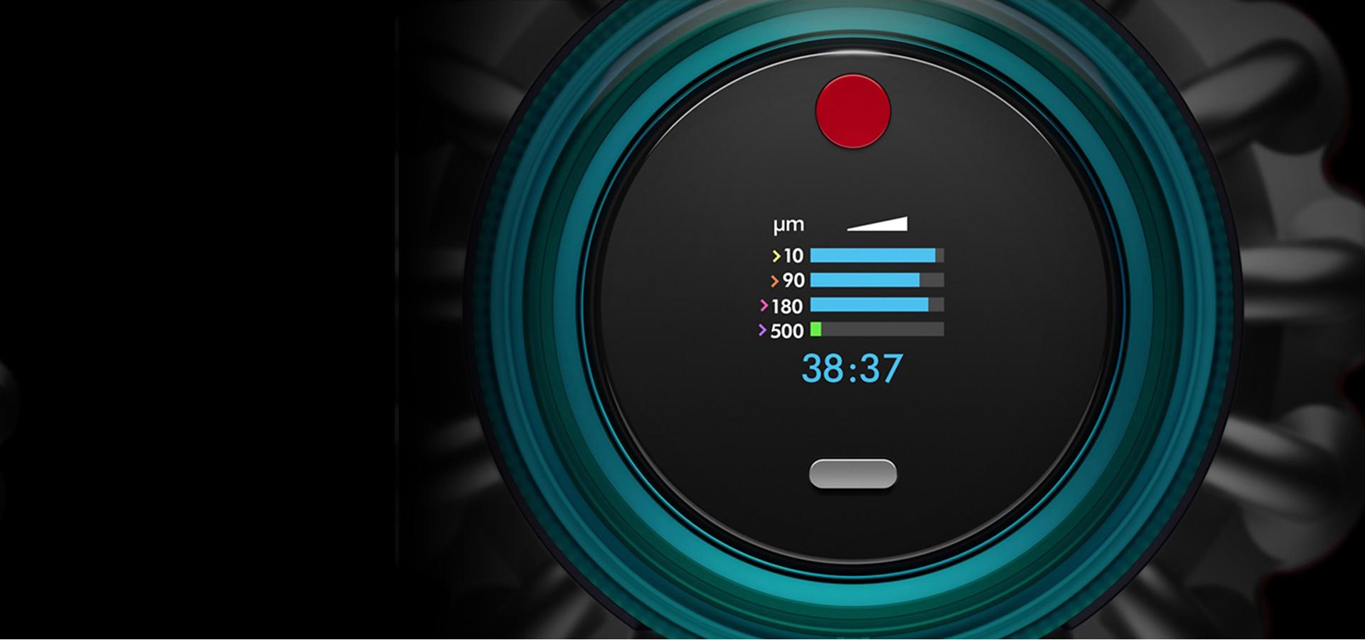 Close up of the user interface showing particle graph and run time.
