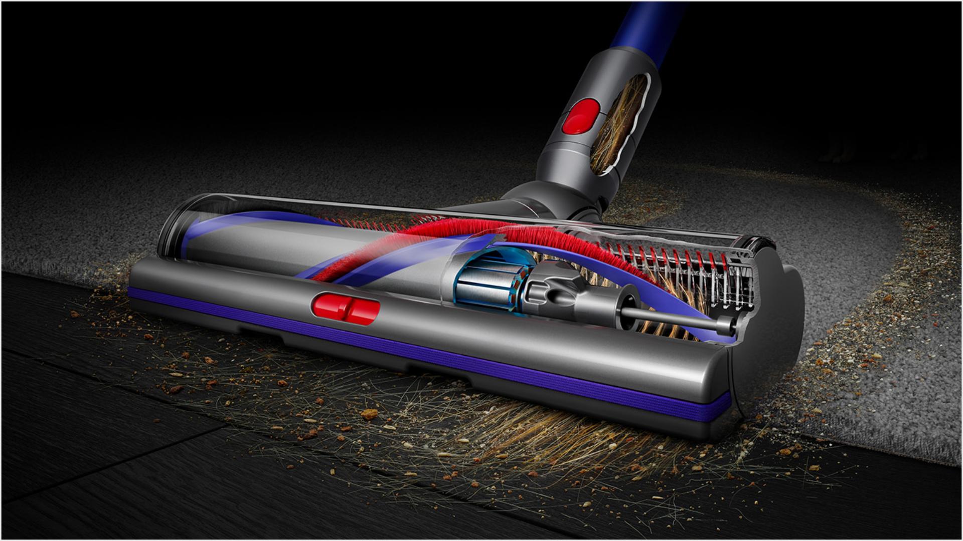 The Motorbar cleaner head picking up debris from a carpet.