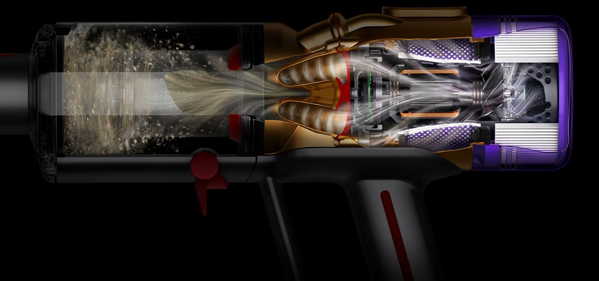 Imagine cu aspiratorul Dyson Micro 1,5 kg care arată reziduurile din interiorul ciclonului.