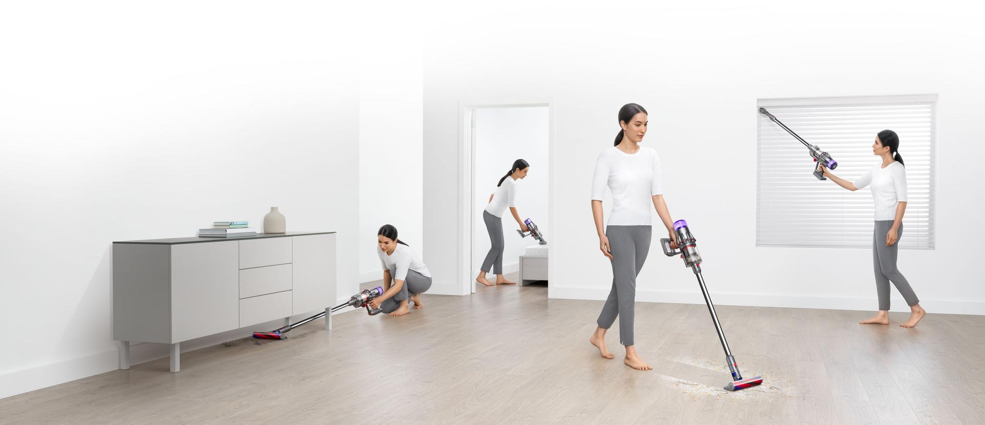 Woman cleaning different areas around the house.