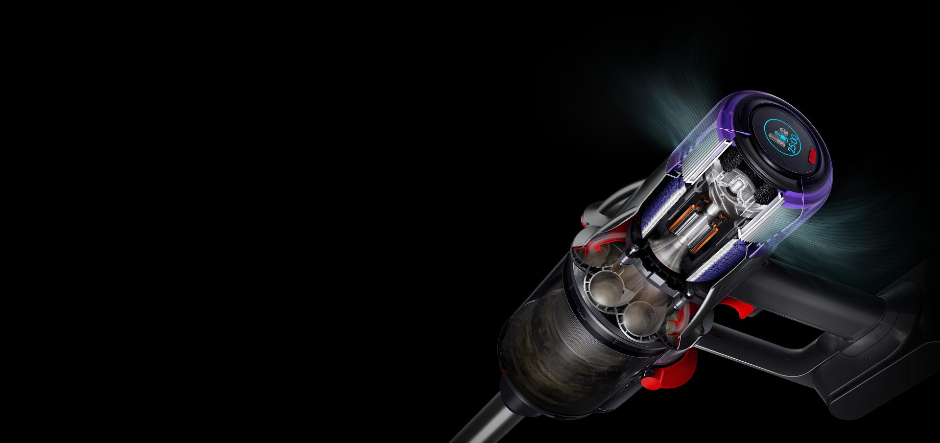 Cutaway diagram showing motor and filter inside the vacuum.