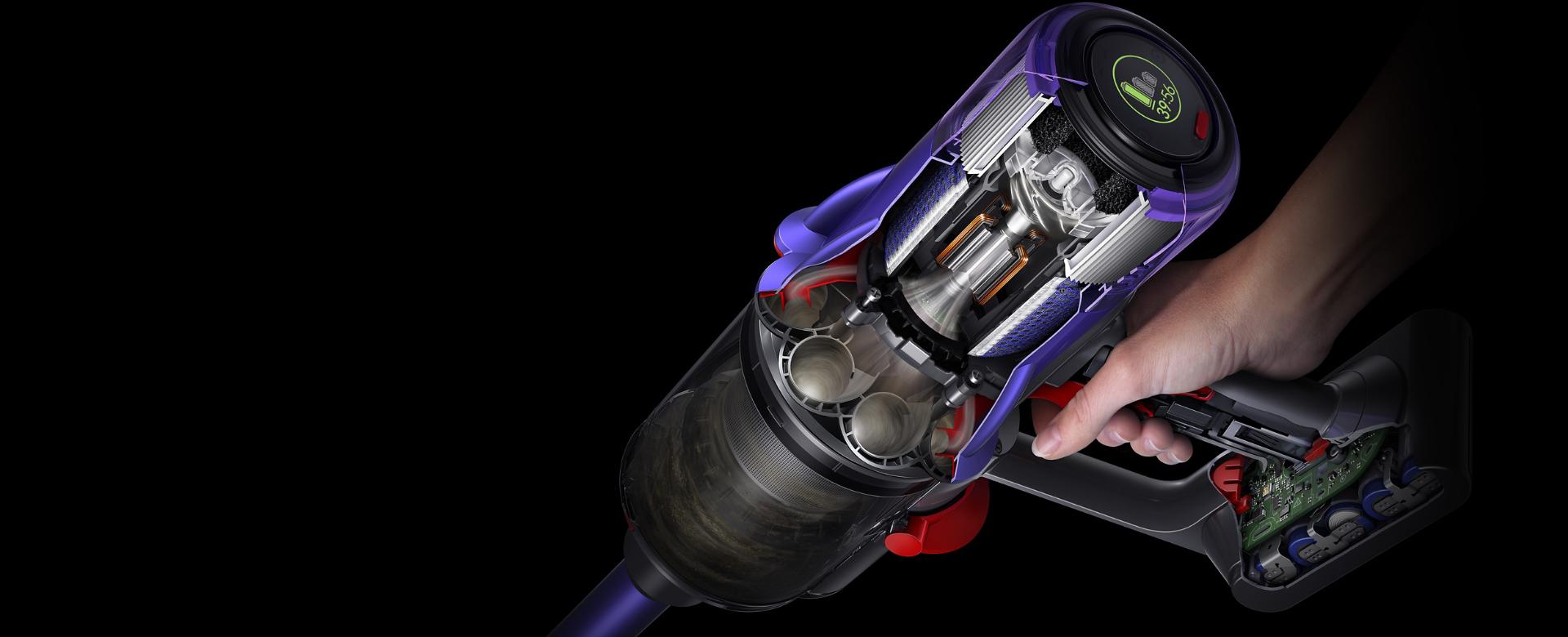 Cutaway diagram showing motor and filter inside the vacuum.
