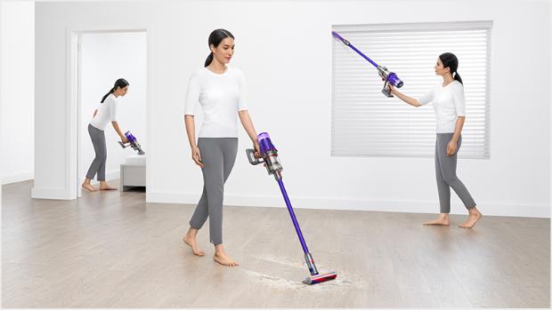 Woman cleaning three different ways around the home