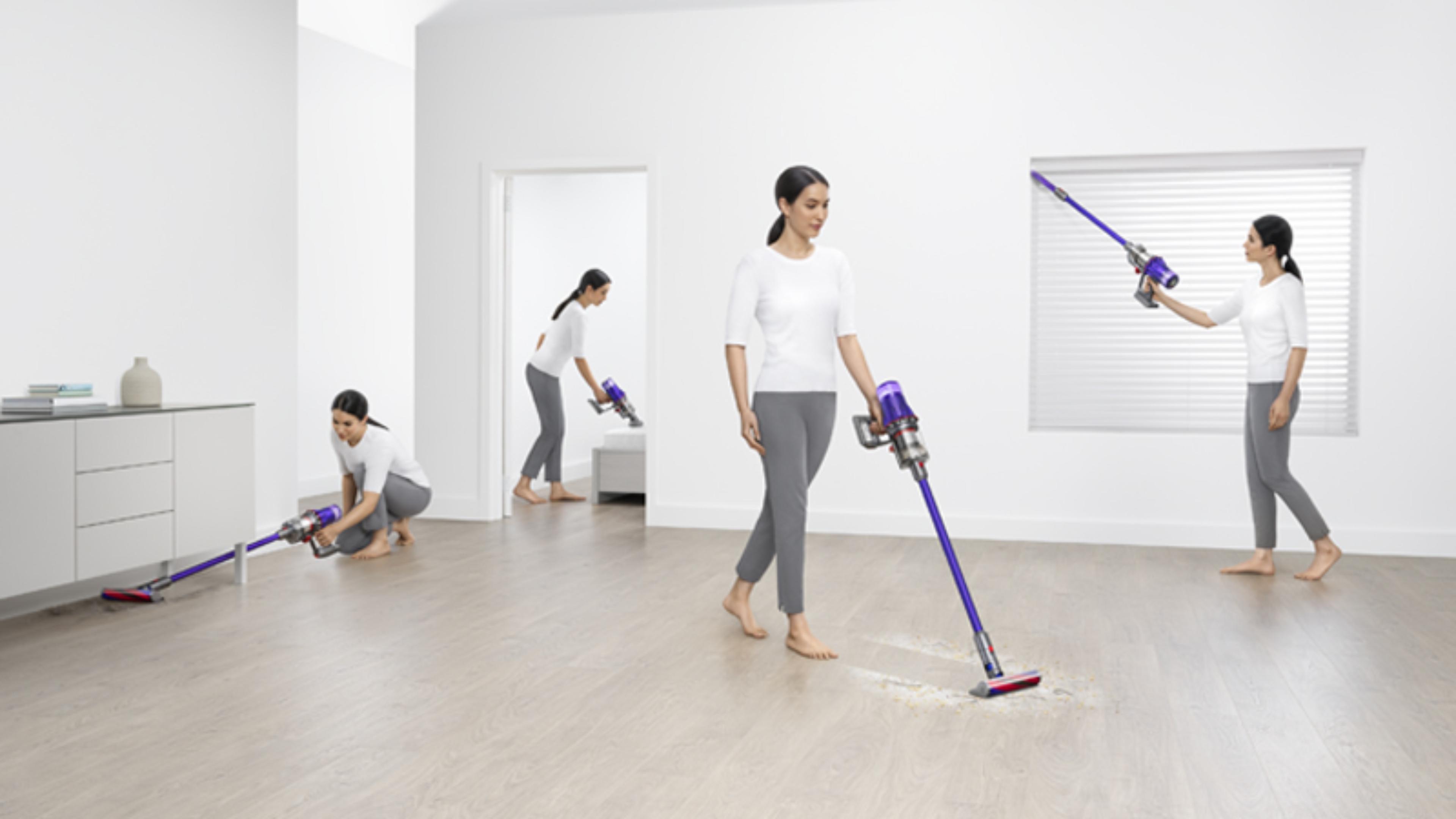 Woman cleaning three different ways around the home