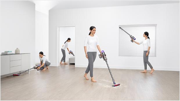 Woman cleaning three different ways around the home