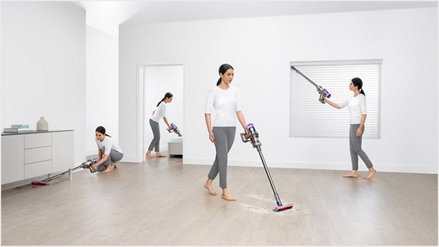 Woman cleaning three different ways around the home
