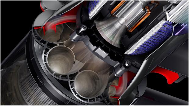 다이슨 디지털 슬림™ 싸이클론과 필터의 단면도