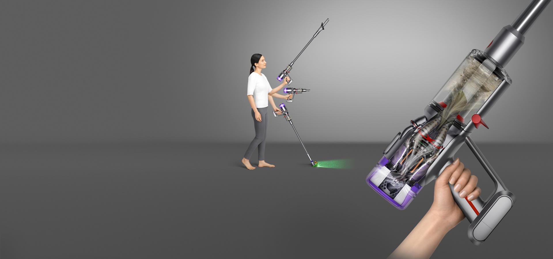 Woman holding Dyson Micro vacuum in three positions, with cutaway Dyson Micro vacuum in the foreground.