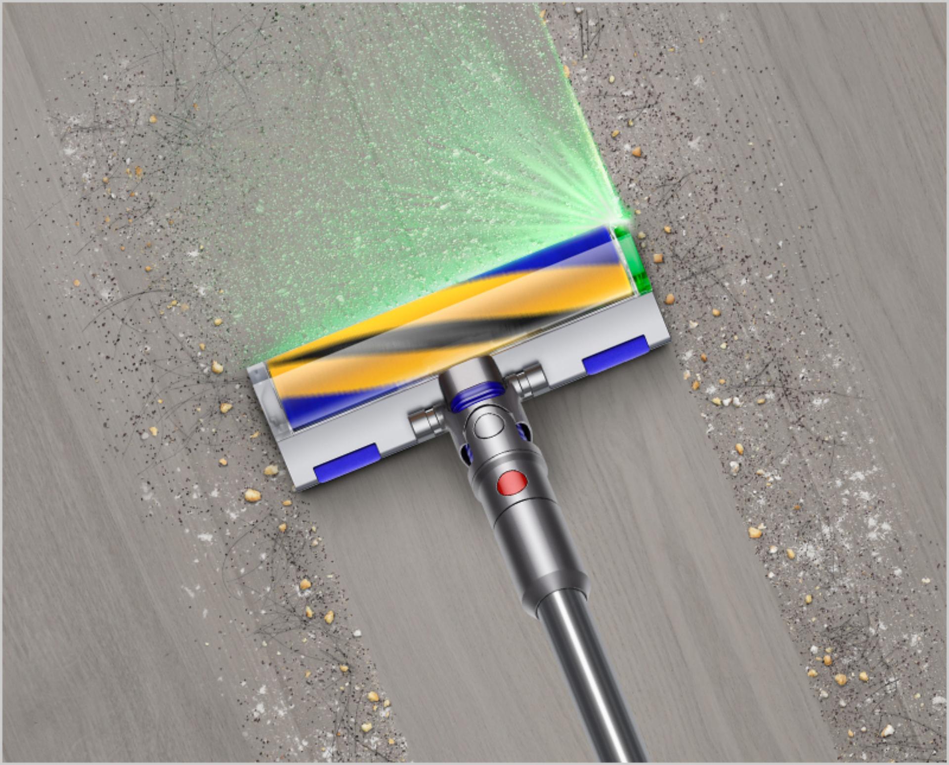 Máy hút bụi Dyson Micro 1.5 Kg Plus - Siêu nhẹ và mạnh mẽ 24 Fluffy Optic cleaner head sucking up dirt to leave a clean path on a hard floor.