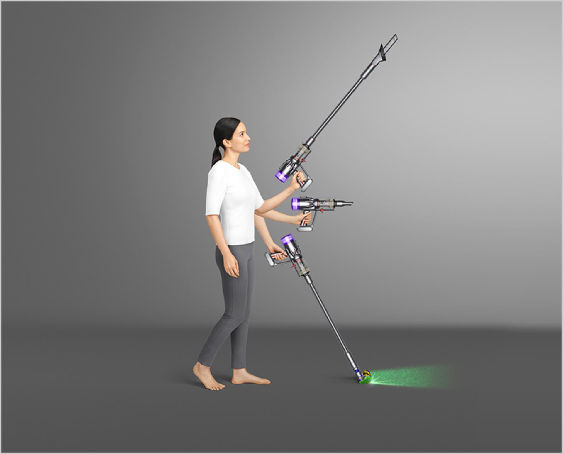 Dyson Micro shown in three positions, as a stick at head height and on the floor, and as a handheld.