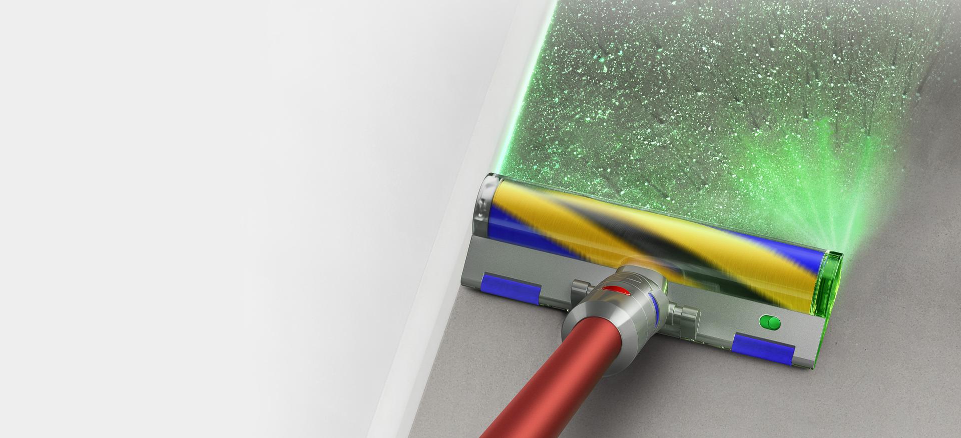 Dyson Outsize vacuum with laser cleaner head on hard floor