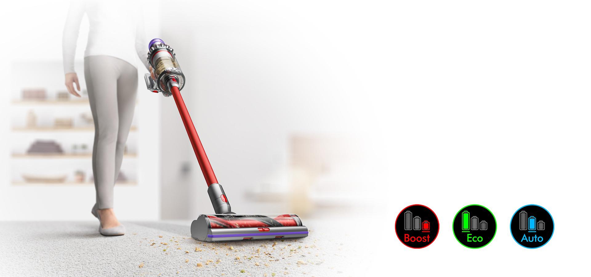 Cleaner head on carpet with image of screen showing three power modes