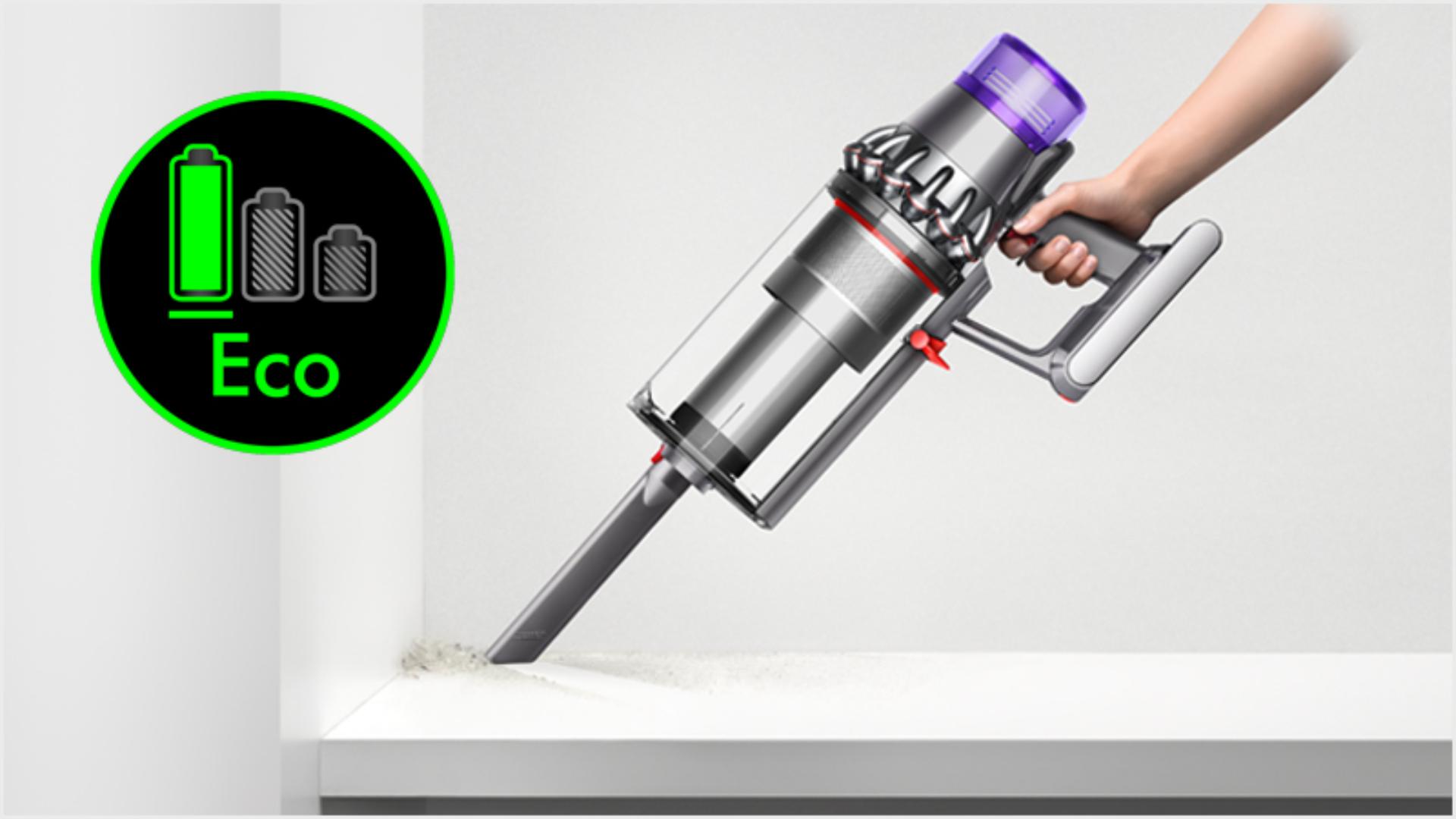 Dyson Outsize vacuum in handheld mode cleaning a hard surface.