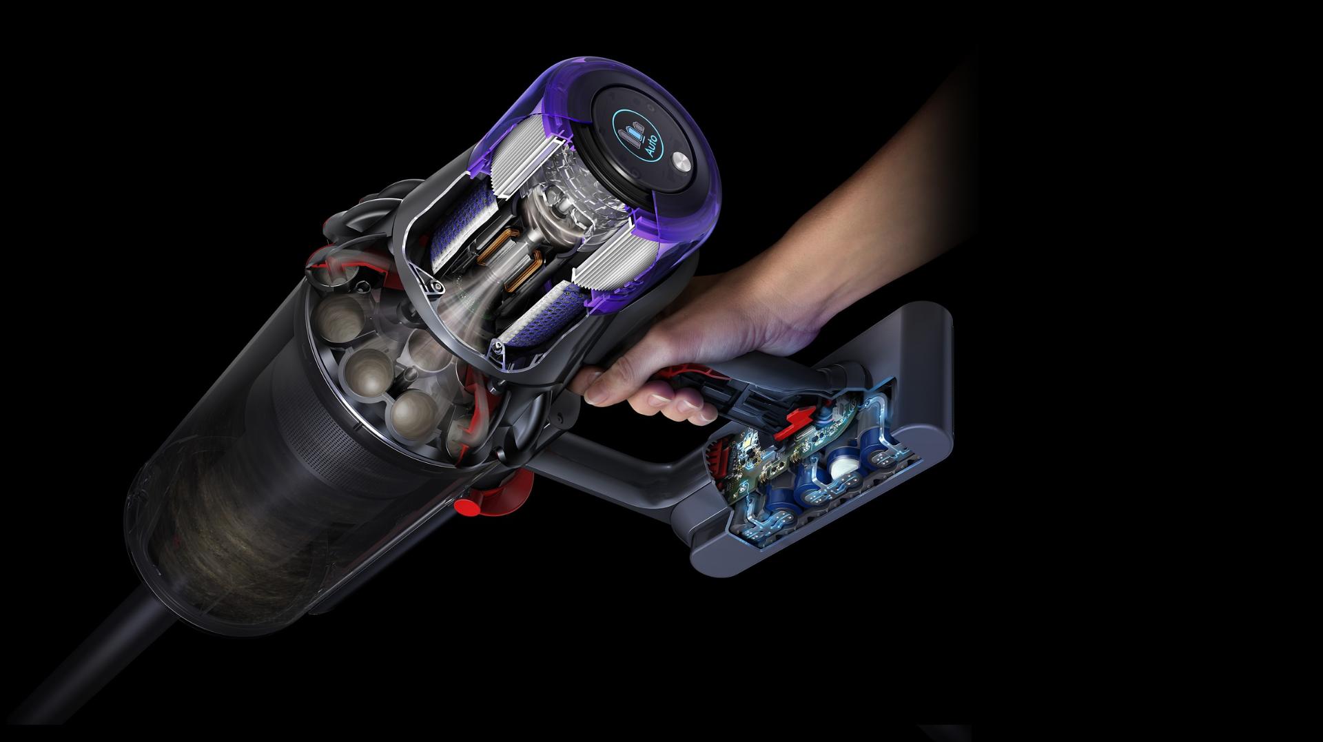 Cutaway image of Dyson Outsize vacuum showing cyclones, motor and filter