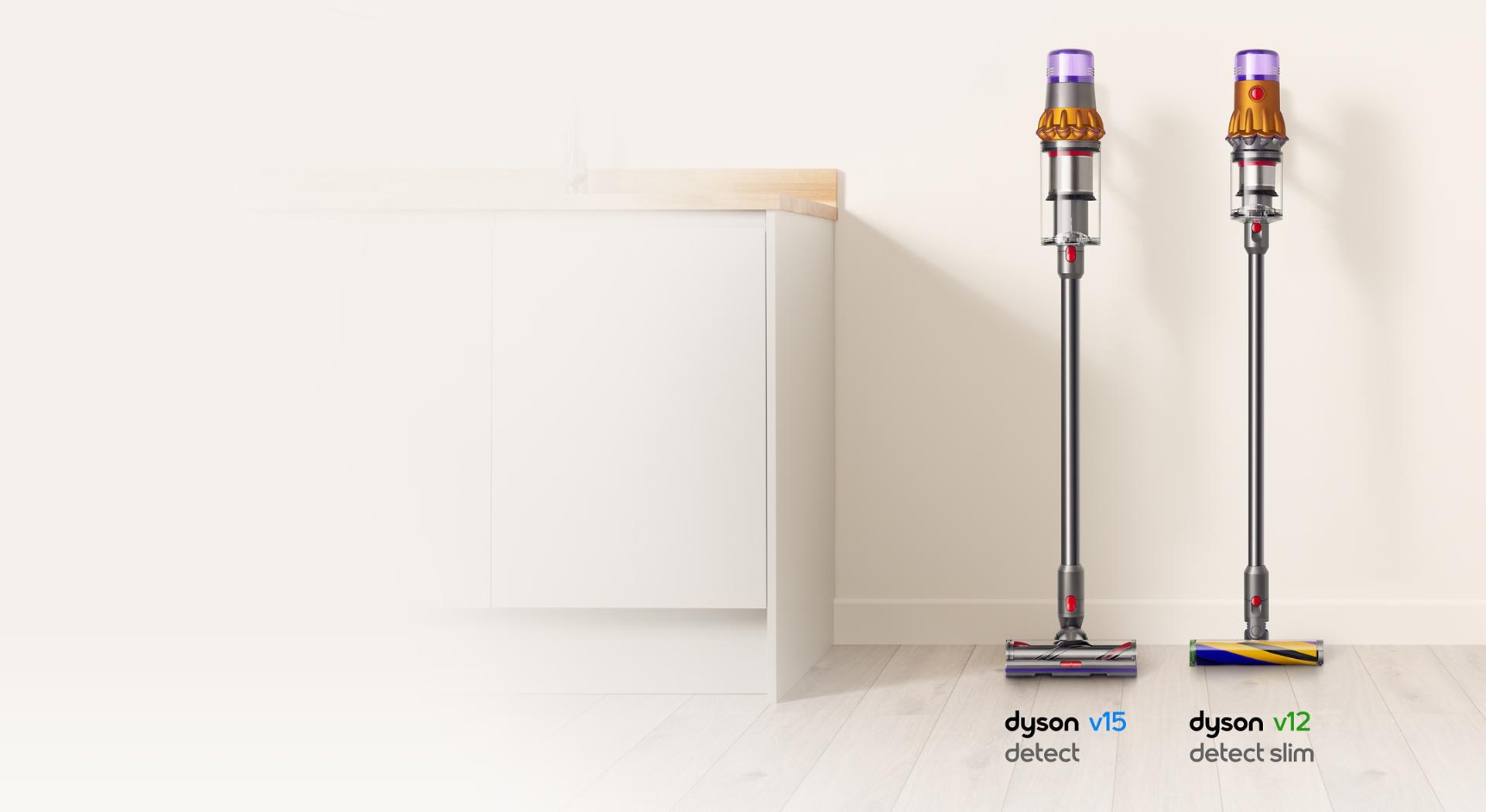 Dyson V15 Detect and Dyson V12 Detect Slim vacuums side by side