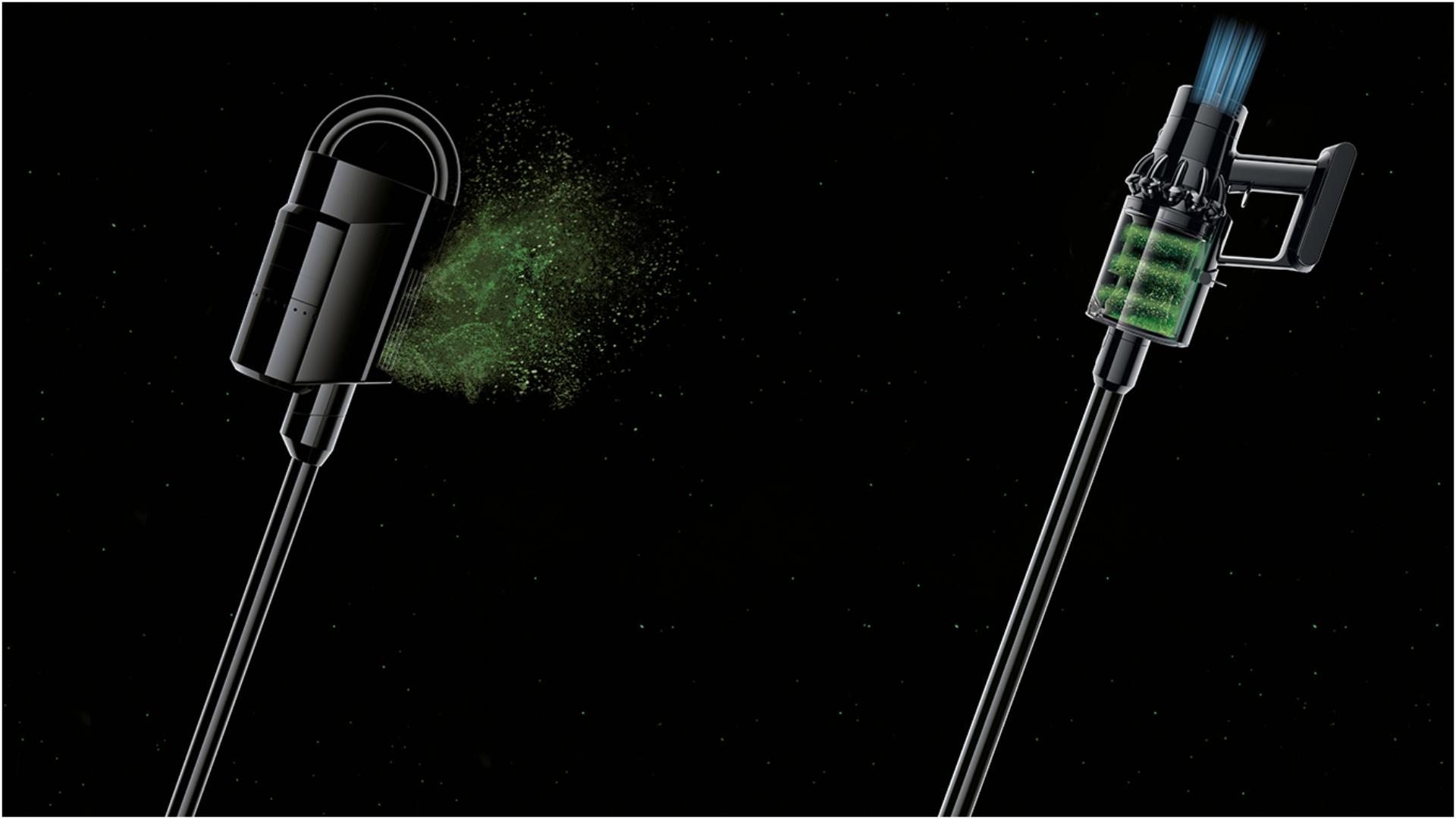 Dyson Cyclone V10 putekļu sūcēja filtrēšanas sistēmas rentgenogrāfisks attēls.