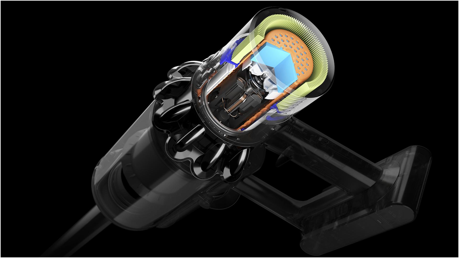 Dyson Cyclone V10 putekļu sūcēja akustiskās kontroles rentgenogrāfisks attēls.
