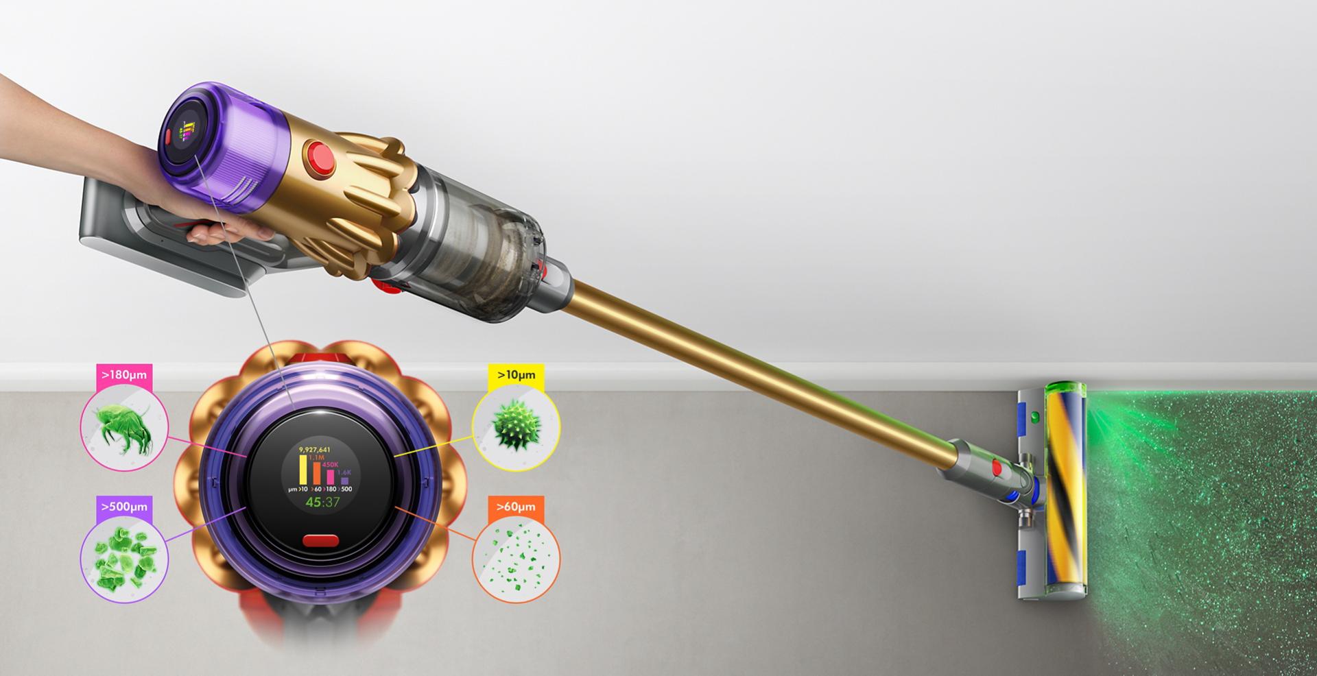 Dyson V12 Detect Slim vacuum with Slim Fluffy Laser cleaner head, showing sizes of dust detected