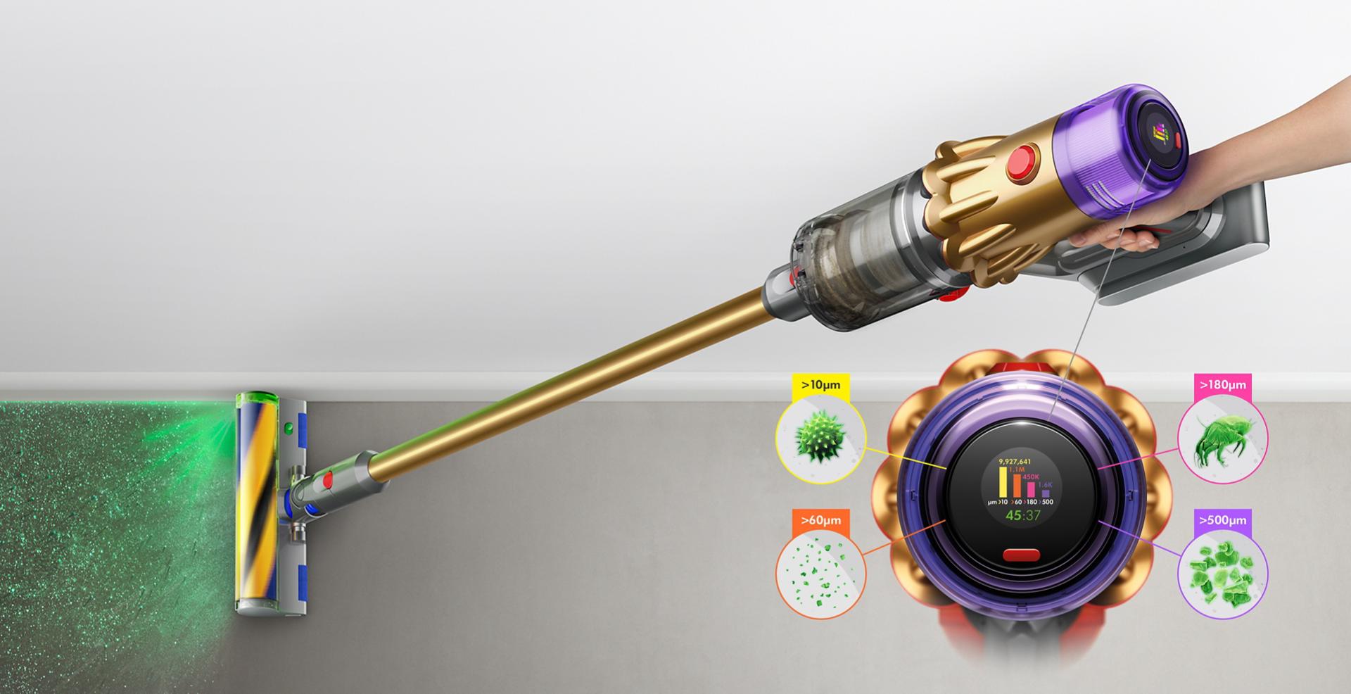La aspiradora Dyson V12 Detect Slim con cabezal Laser Slim Fluffy muestra los tamaños de polvo detectados