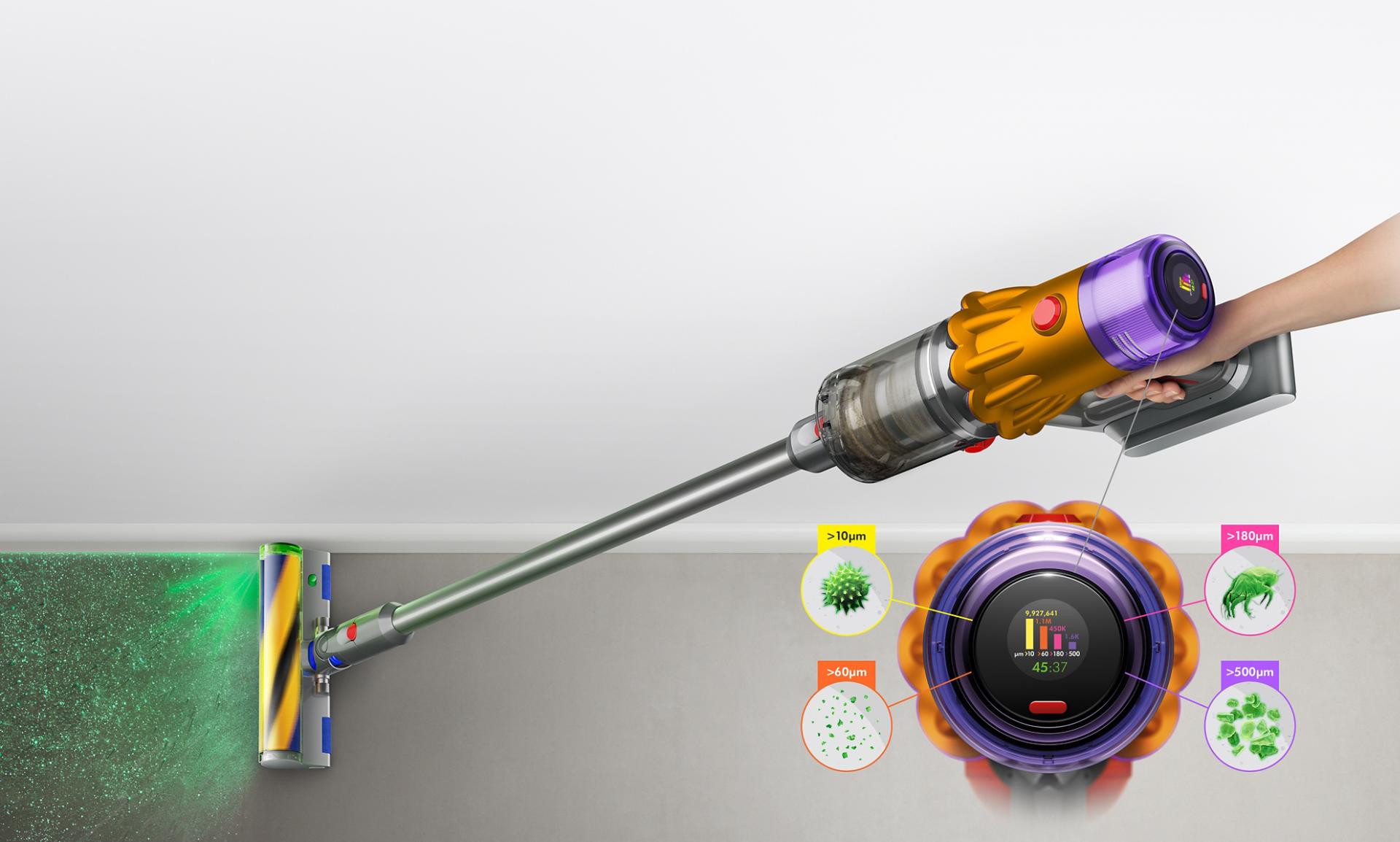 Dyson V12 Detect Slim vacuum with Slim Fluffy Laser cleaner head, showing sizes of dust detected