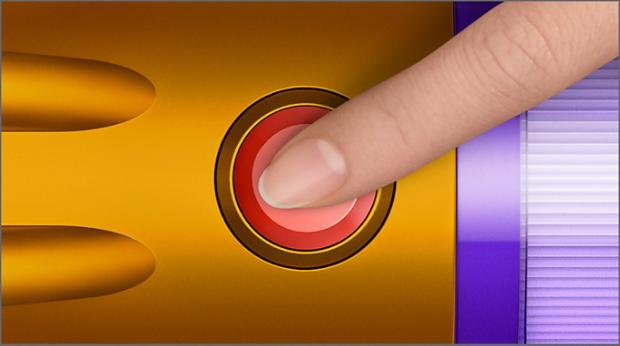 Putekļu sūcēja ieslēgšanas pogas tuvplāns