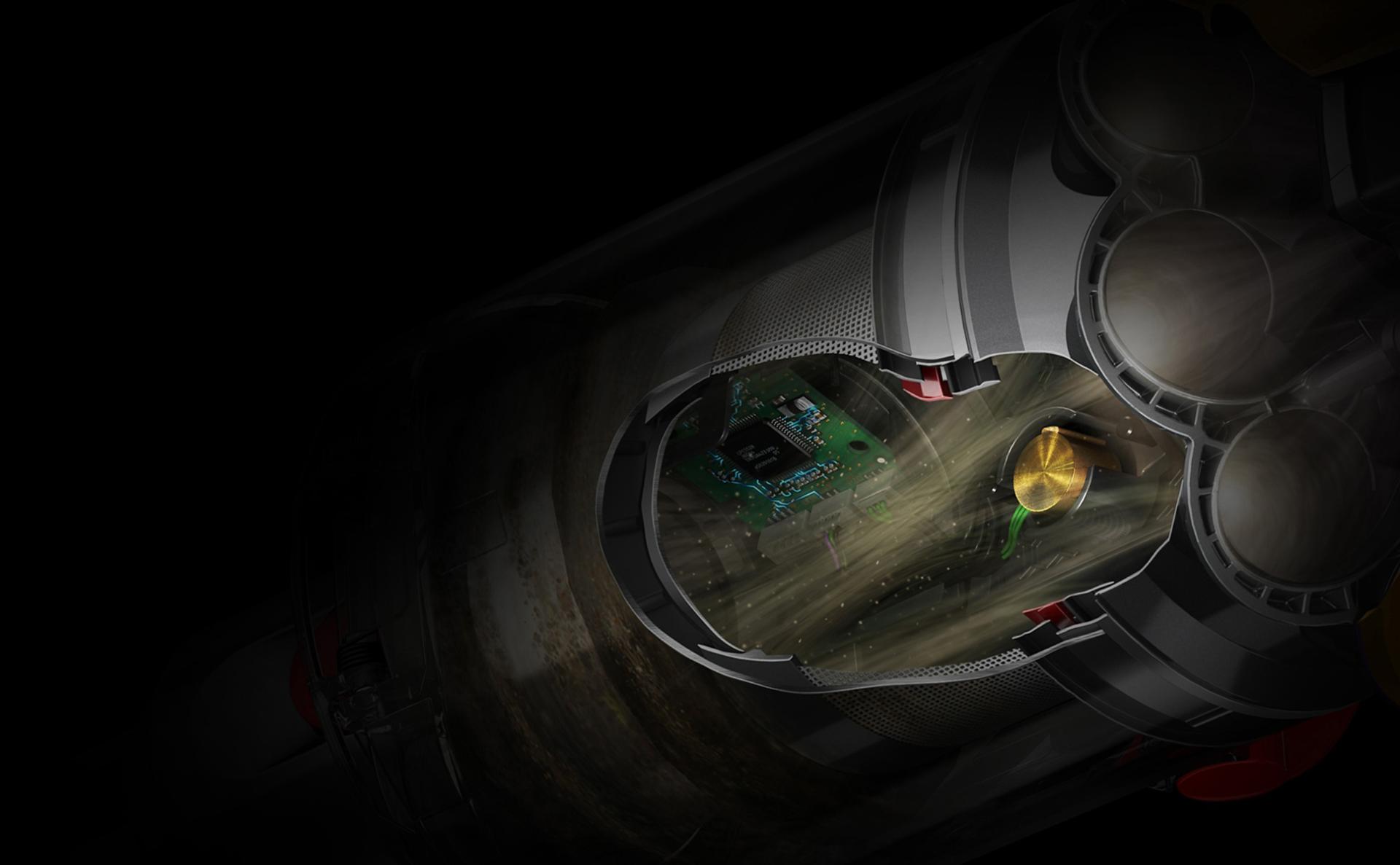 Close-up of microscopic particles bouncing off the piezo sensor