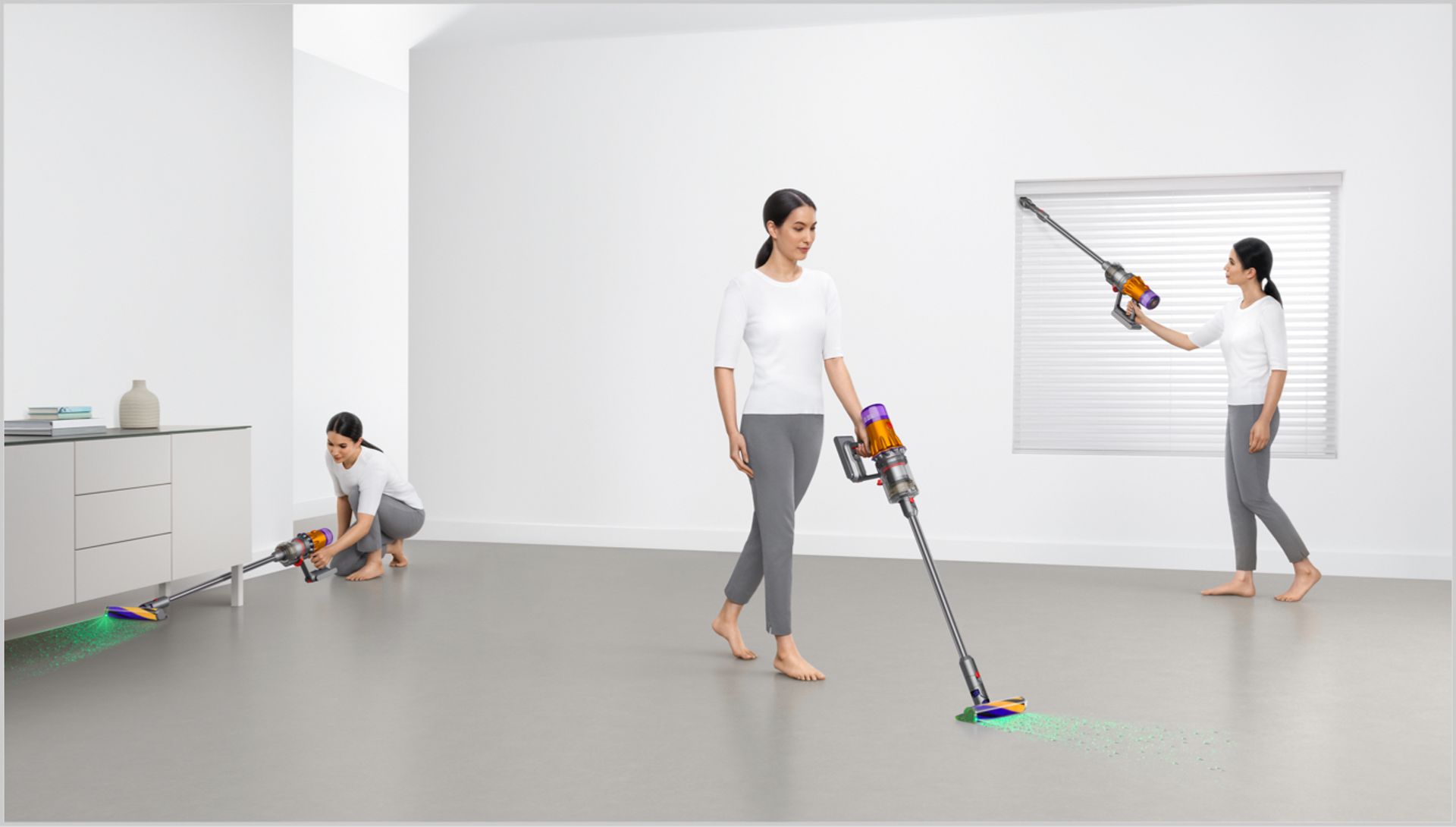 Woman cleaning in various places around the home