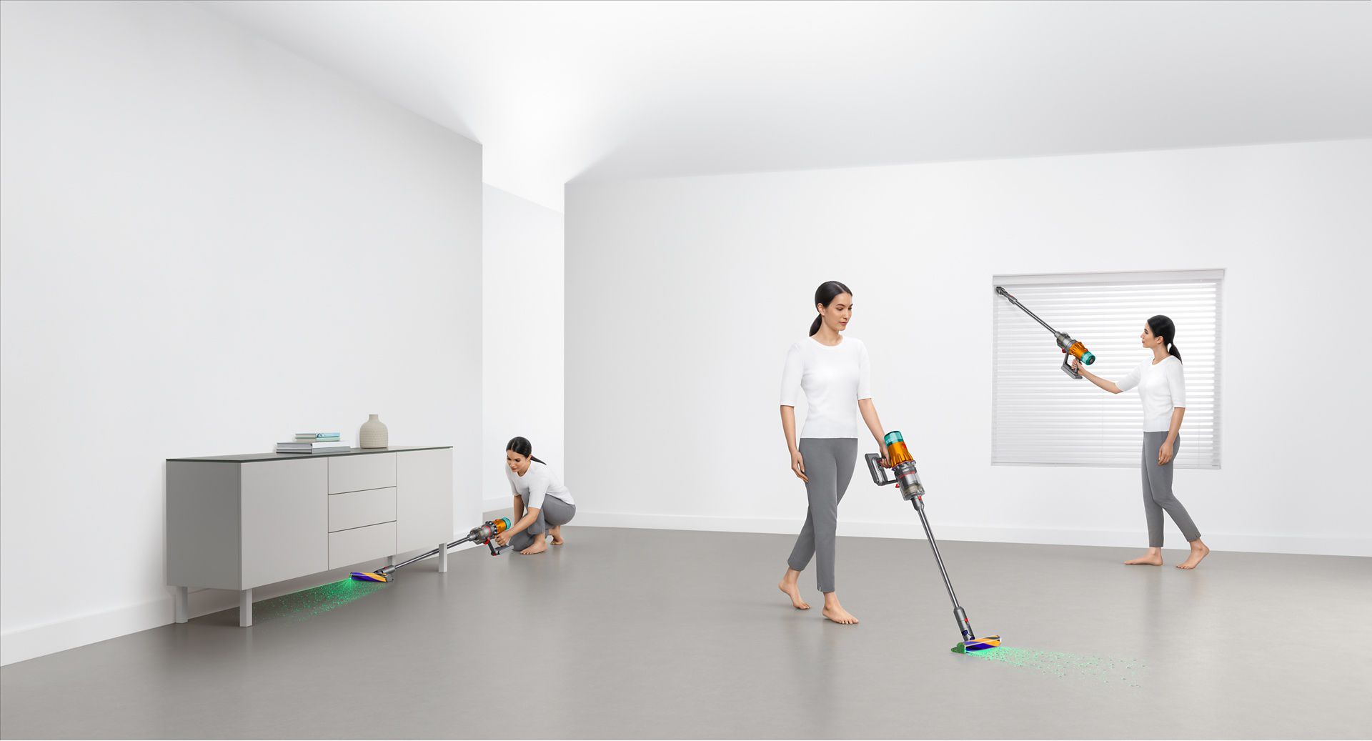 Woman cleaning in various places around the home