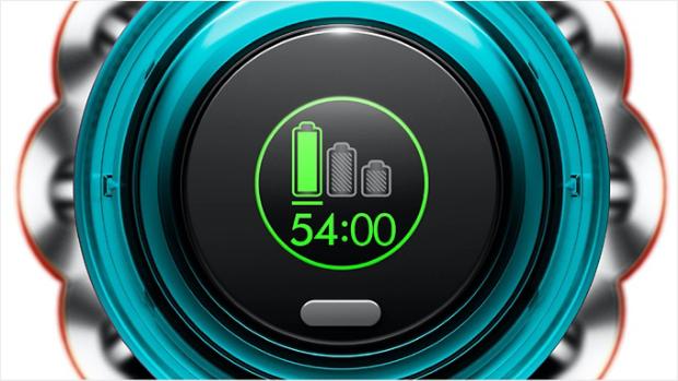 Ekran LCD pokazujący tryb zasilania i pozostały czas pracy.