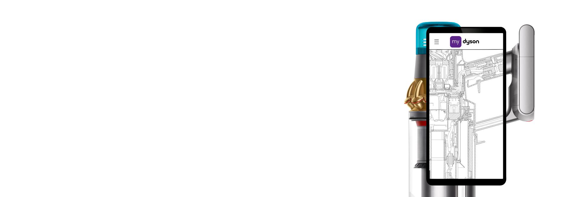 Three phone screens showing the MyDyson app.