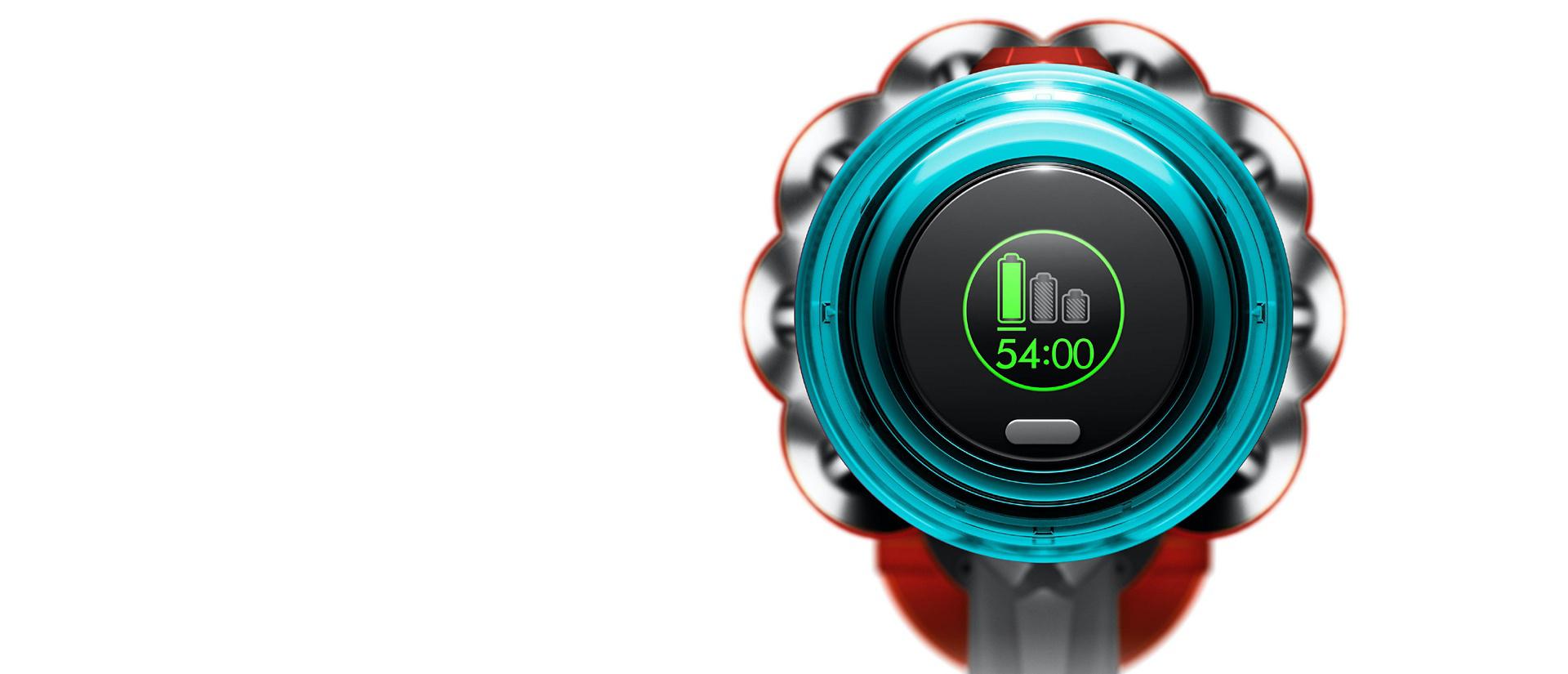 Ekran LCD pokazuje zielony tryb Eco i pozostały czas pracy.