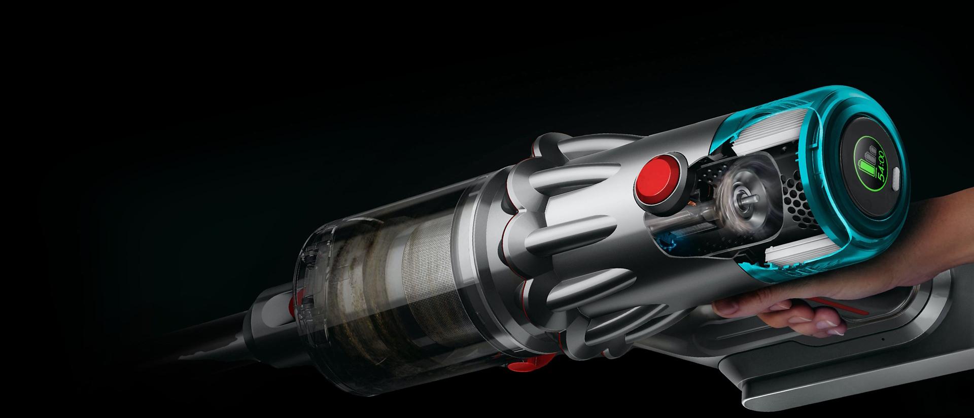 Przekrój wnętrza odkurzacza Dyson V12 Origin.