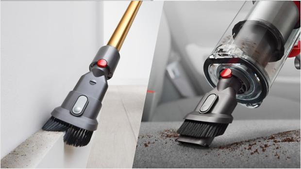 The wide nozzle and brush shown cleaning a skirting board, and debris on a sofa.