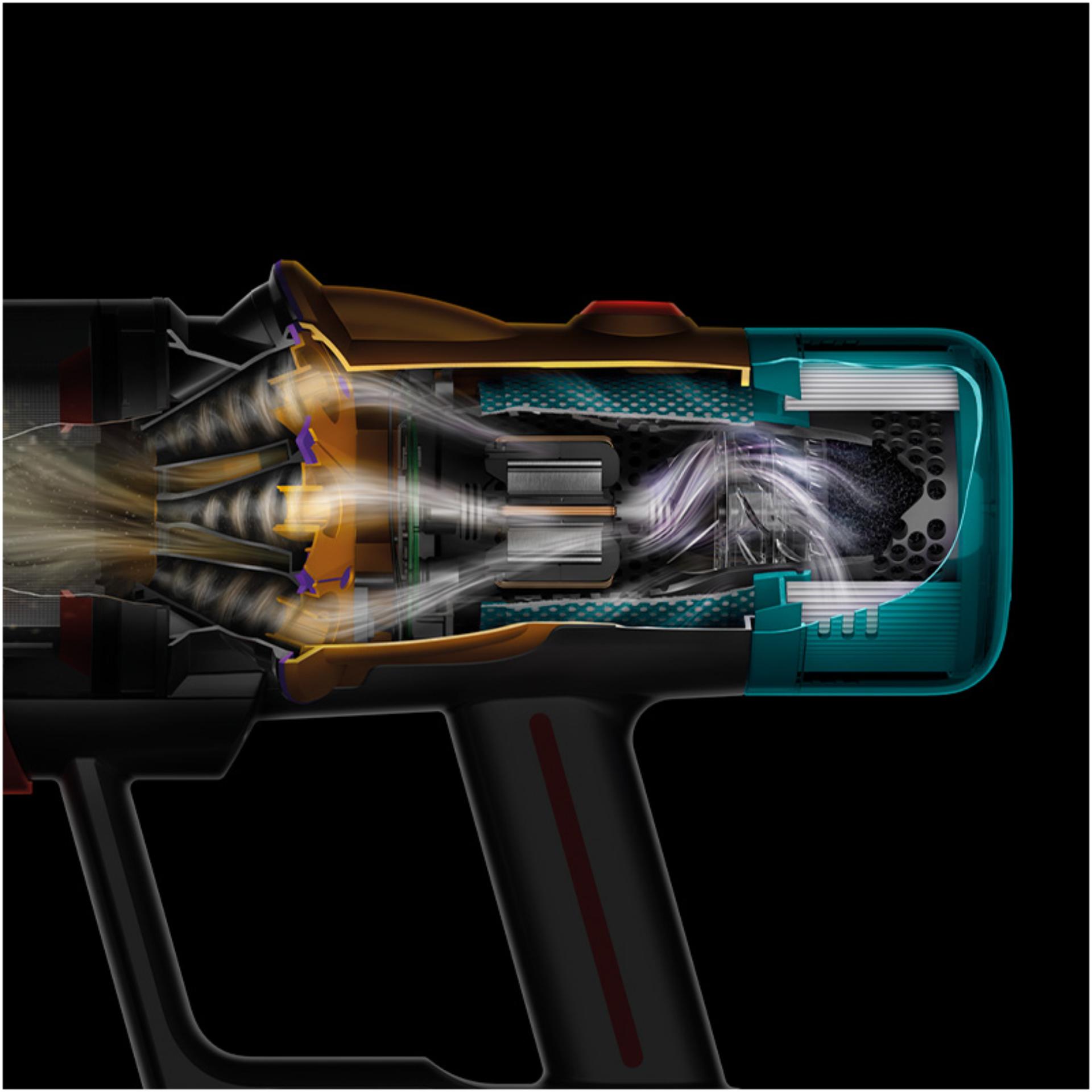 A cutaway of the side of a V12s showing debris being filtered throughout the machine.